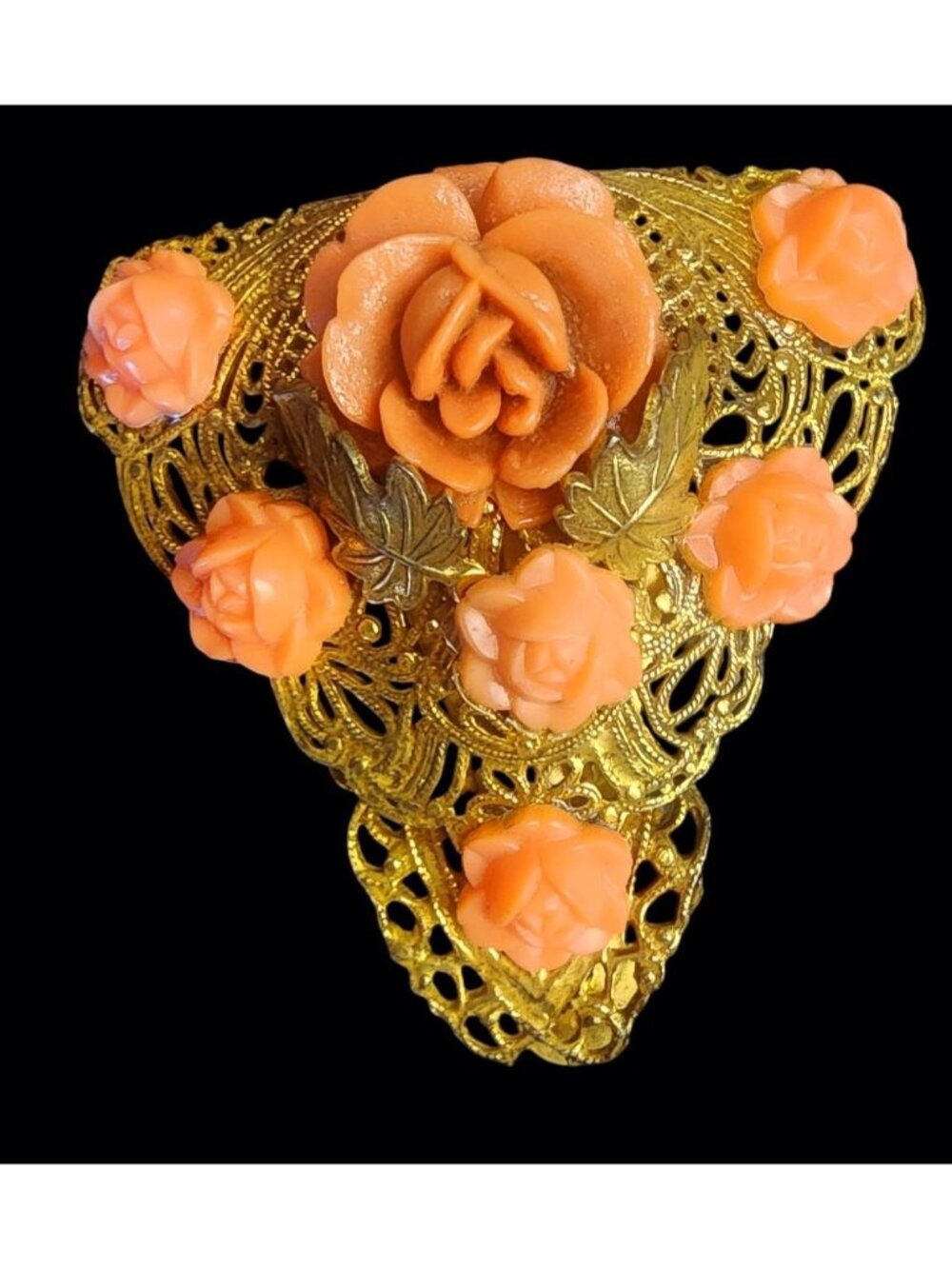 Vintage Gold-Tone Dress Clip With Faux Coral Roses & Filigree Design (A5927)